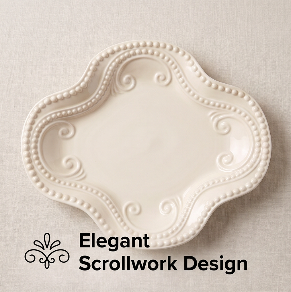 Overhead view of the ivory ceramic serving platter showing its elegant scrollwork and beaded border