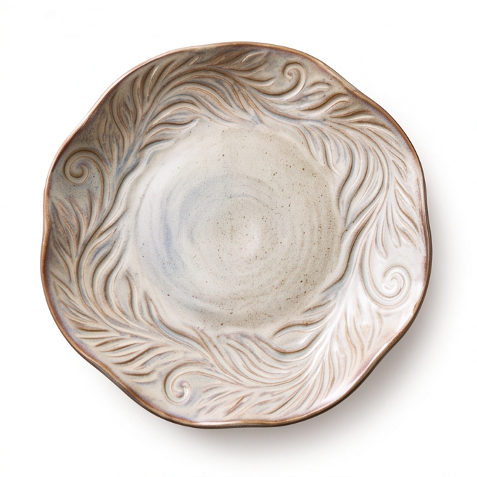 Handmade ceramic plate with relief texture on a wooden table