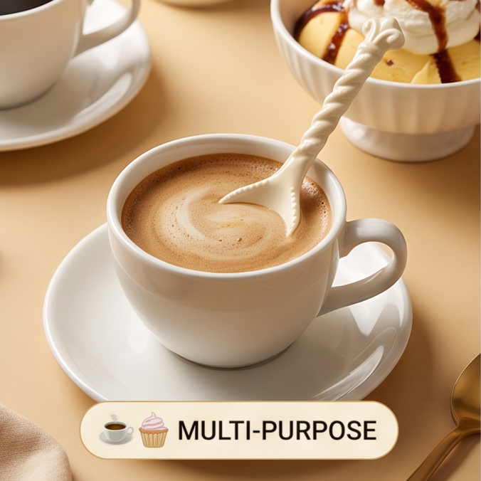Cream ceramic spoon holding chocolate dessert with limited-offer text overlay