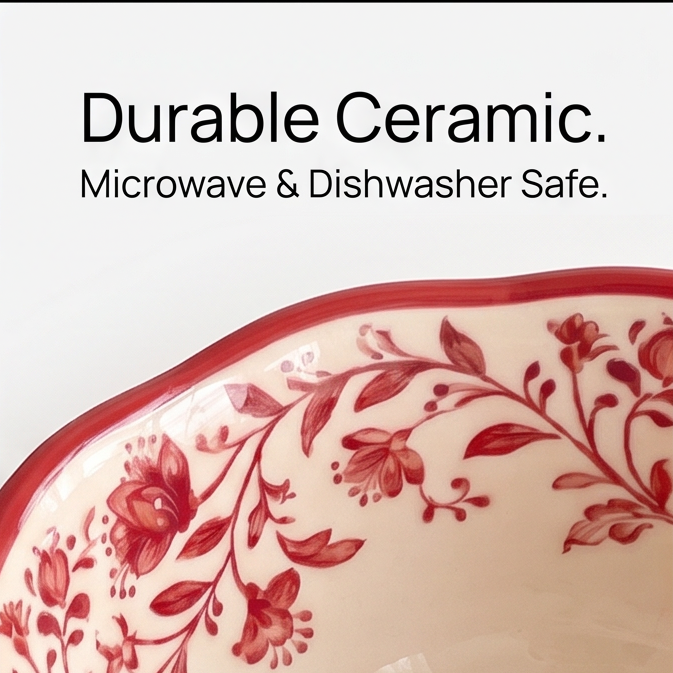 Close-up of the red wavy rim and floral exterior on cream ceramic bowl