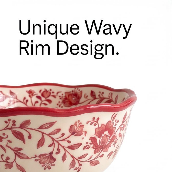 Top view of hand-painted red flowers inside ceramic bowl with wavy rim
