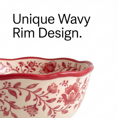 Top view of hand-painted red flowers inside ceramic bowl with wavy rim