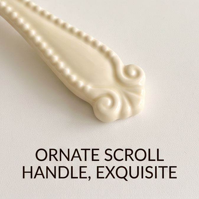 Ivory scroll-handle ceramic spoon beside a floral teacup and macaron