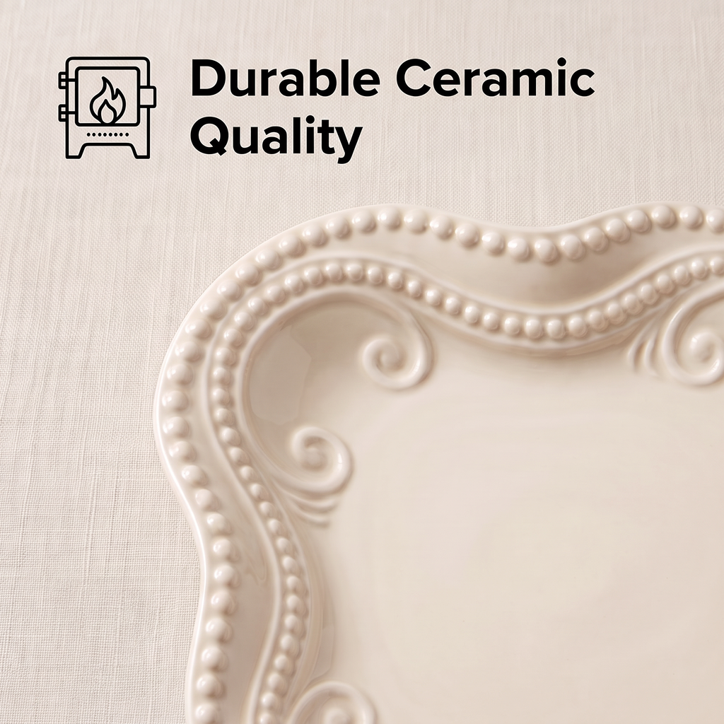 Close-up of the ivory platter’s raised scrollwork and beaded rim