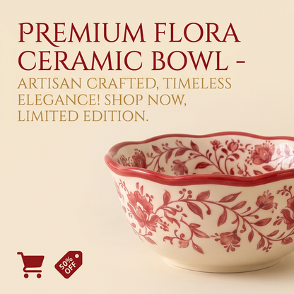 SERVICE cream ceramic bowl with red floral pattern and wavy red rim, angled product view