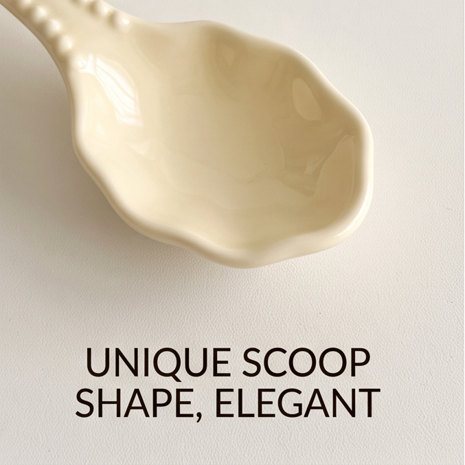 Ivory scroll-handle ceramic spoon with limited-offer promotional text overlay