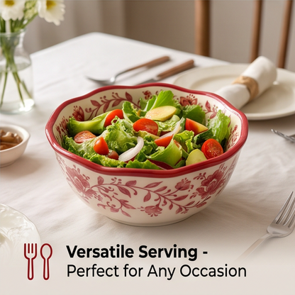 Close-up of red floral bowl with microwave- and dishwasher-safe text