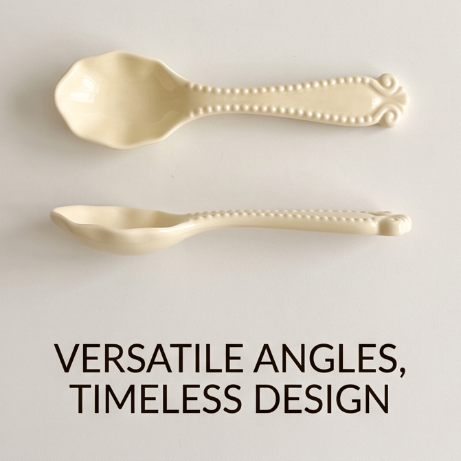SERVICE ivory ceramic tea spoon with contoured scoop and beaded scroll handle shown from top and side