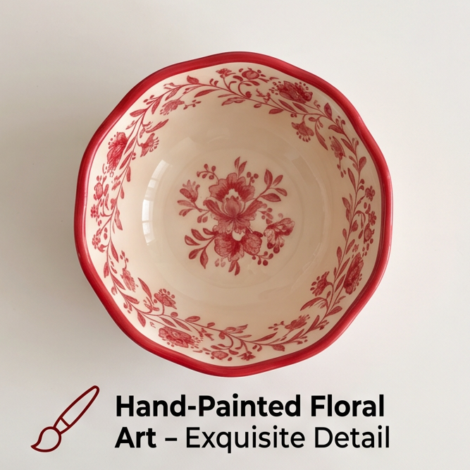 Red floral ceramic bowl filled with green salad on dining table