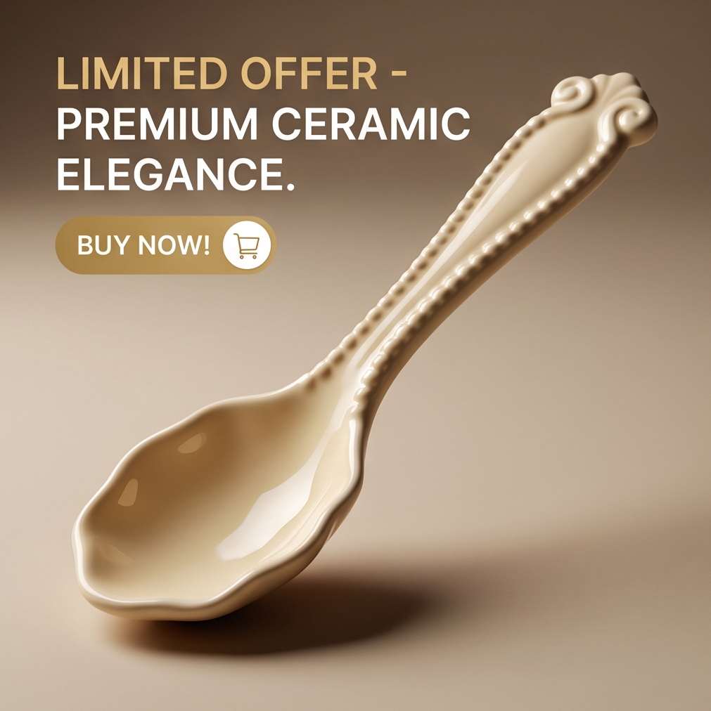 Ivory ceramic spoon lifting honey from a glass jar