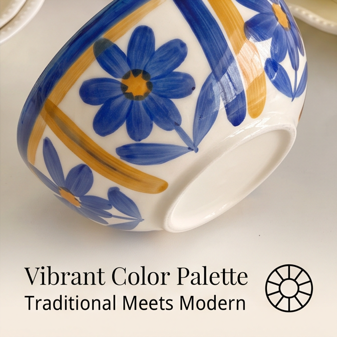 Close-up of blue drip-glaze rim and yellow accent on stoneware bowl