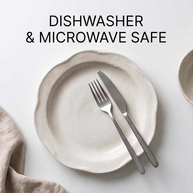 Light ceramic dinner plate with fork and knife, image states dishwasher and microwave safe
