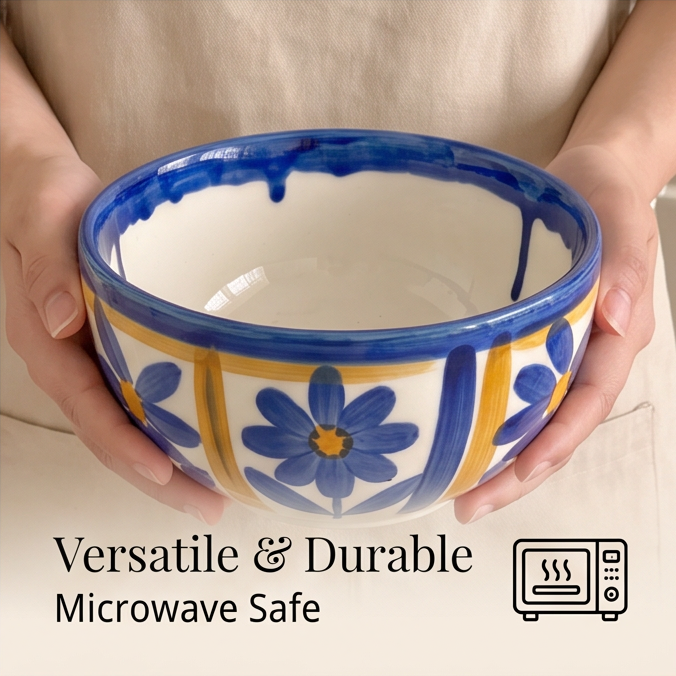 Close-up of hand-painted blue flower and yellow stripes on stoneware bowl