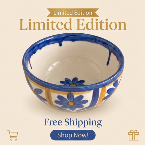 Blue daisy stoneware bowl tipped to show painted floral exterior and foot