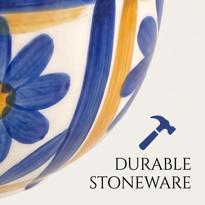 SERVICE blue and yellow daisy stoneware bowl held in two hands, showing floral exterior and blue drip-glaze rim