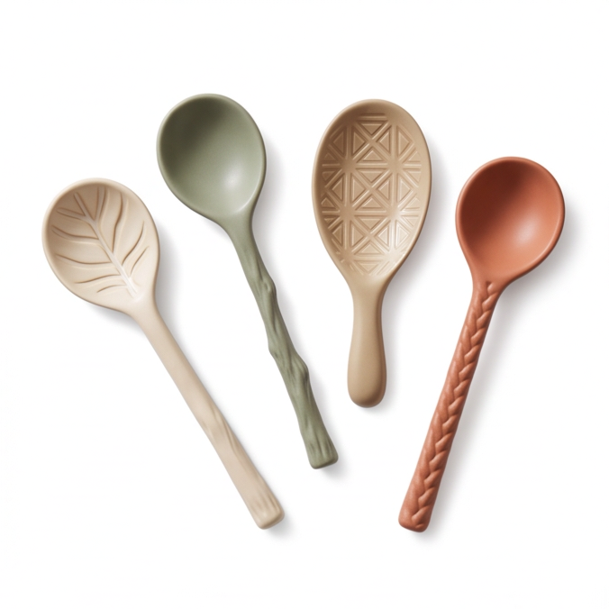 Close-up of terracotta ceramic spoon with geometric impressed bowl