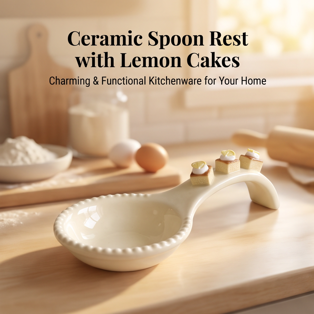 Close-up of three hand-painted lemon cake decorations on curved ceramic spoon rest handle