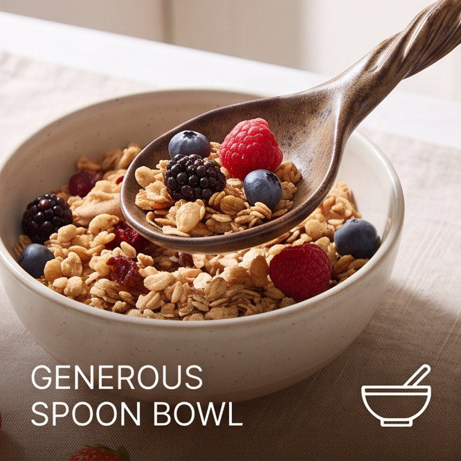 Brown speckled spoon bowl holding cereal with versatile serving text