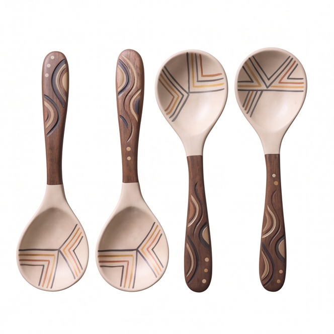 Close-up of pale serving spoon bowl with muted geometric line pattern