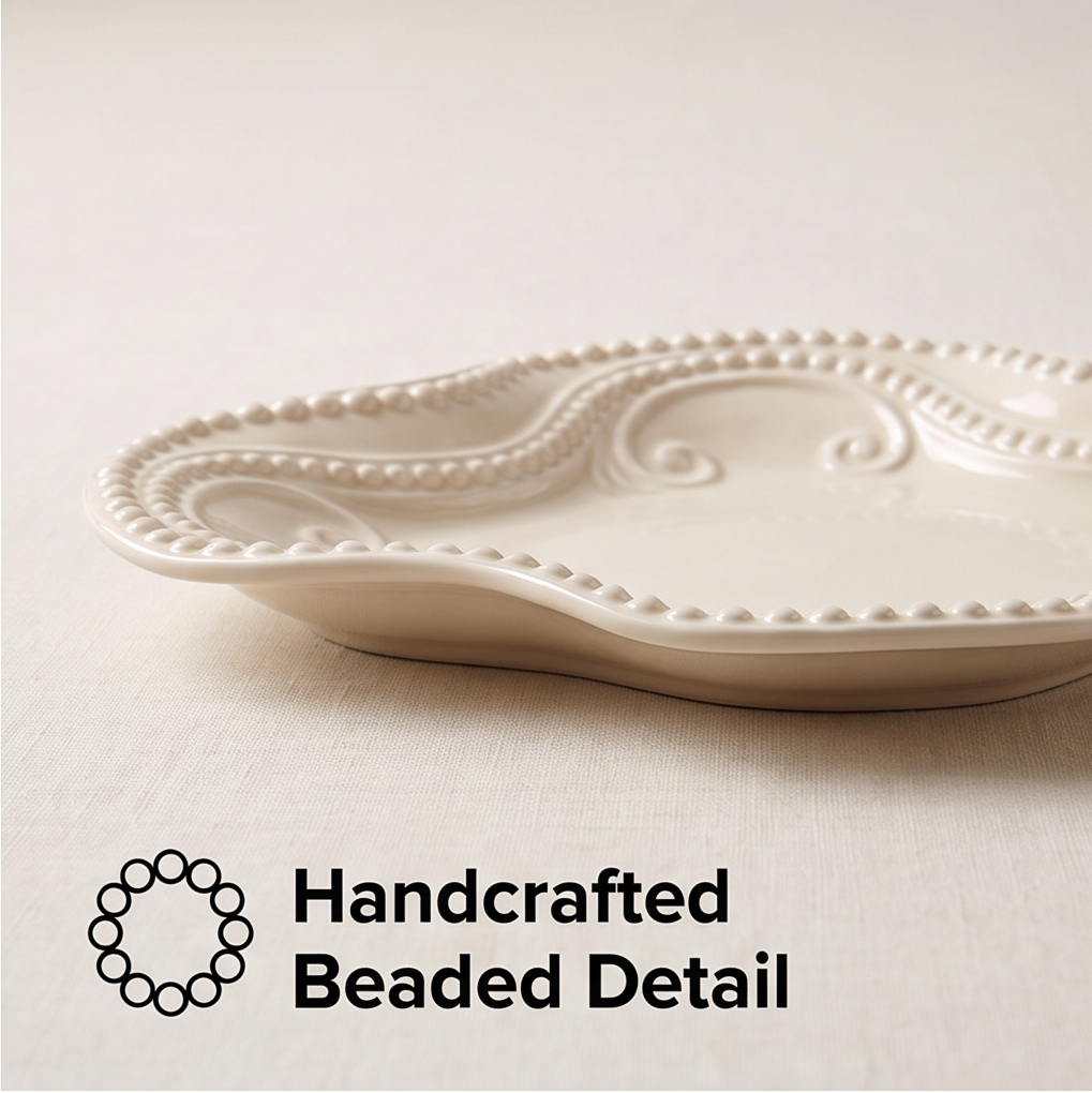 Close-up of the platter’s raised beaded edge and ceramic surface