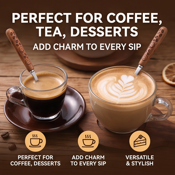 Four SERVICE stainless steel coffee spoon designs with walnut handles on white background