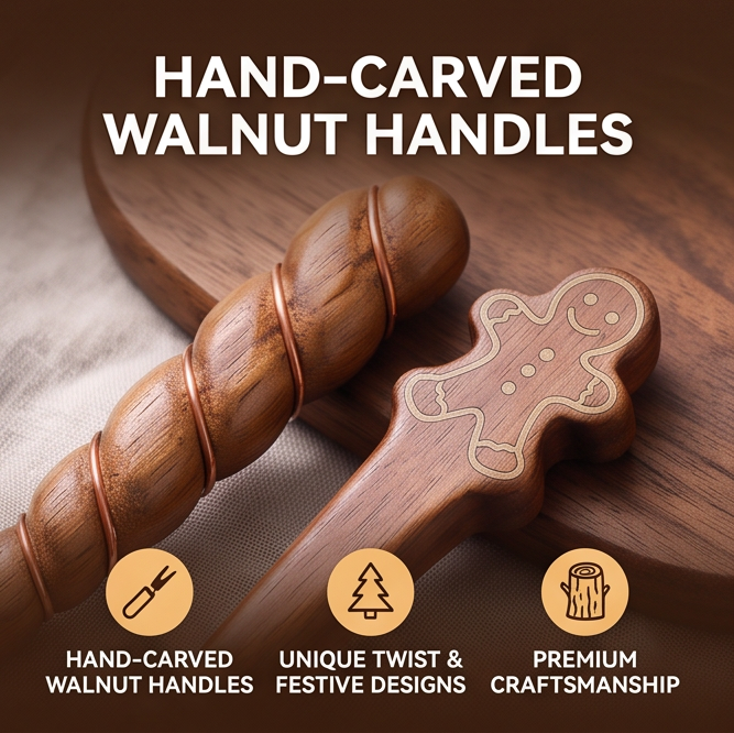 Close-up of gingerbread figure carved in a walnut coffee spoon handle