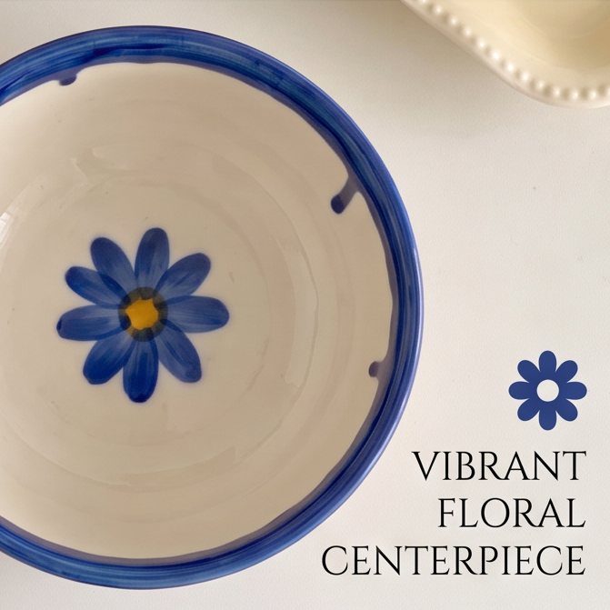 Blue daisy bowl with limited-edition and free-shipping promotional text