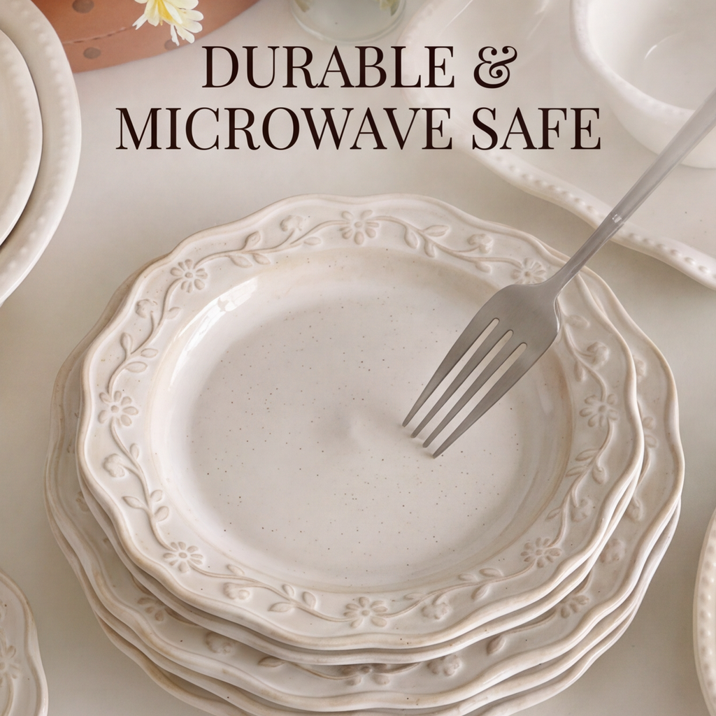 Stack of floral relief stoneware dinner plates with microwave-safe text overlay