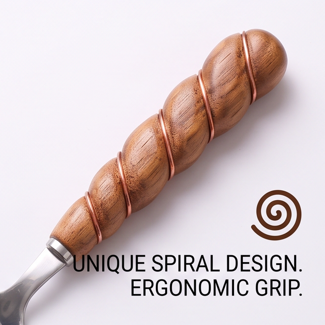 Spiral and gingerbread walnut spoon handles photographed close up