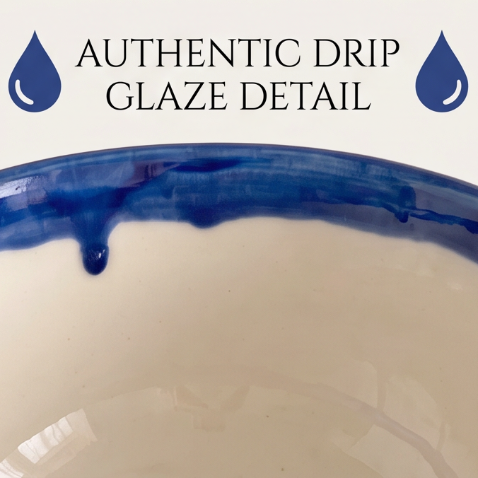 Top view of blue daisy motif inside cream bowl with blue glazed rim