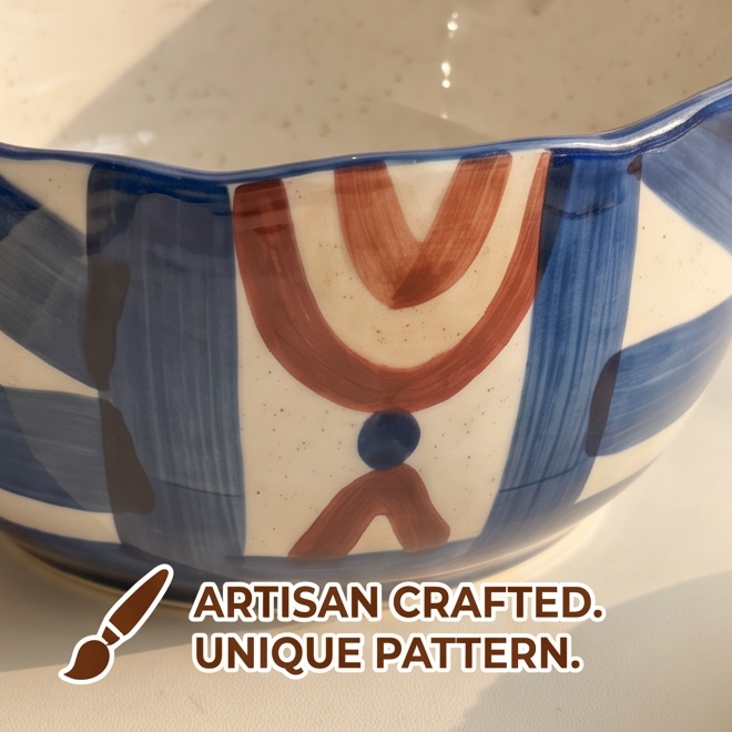 Close-up of blue and terracotta abstract pattern on stoneware bowl exterior