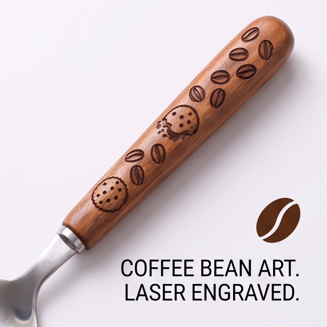 Close-up of engraved coffee beans on a walnut spoon handle