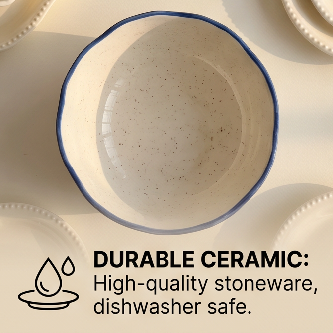 Close-up of blue-edged scalloped rim on cream speckled bowl