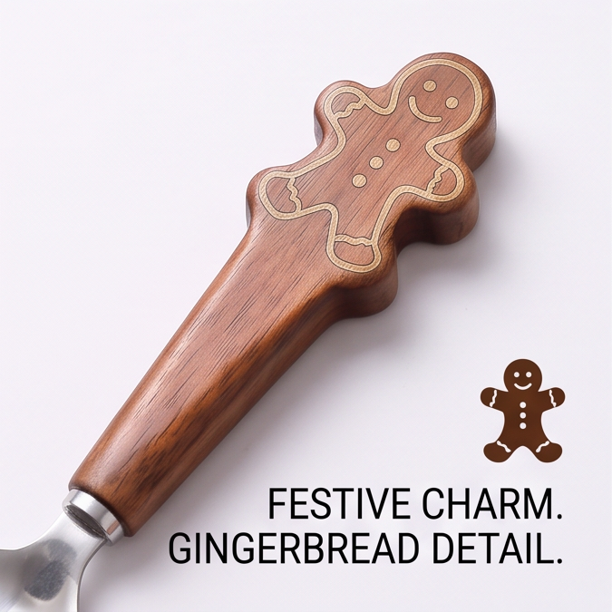 Close-up of cookie motifs carved into a walnut coffee spoon handle