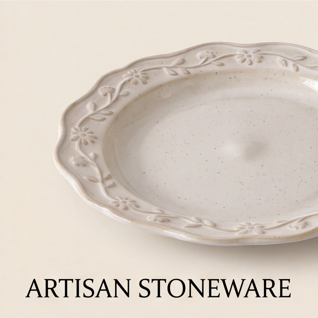 Ivory floral relief dinner plate in an elegant table setting with cutlery