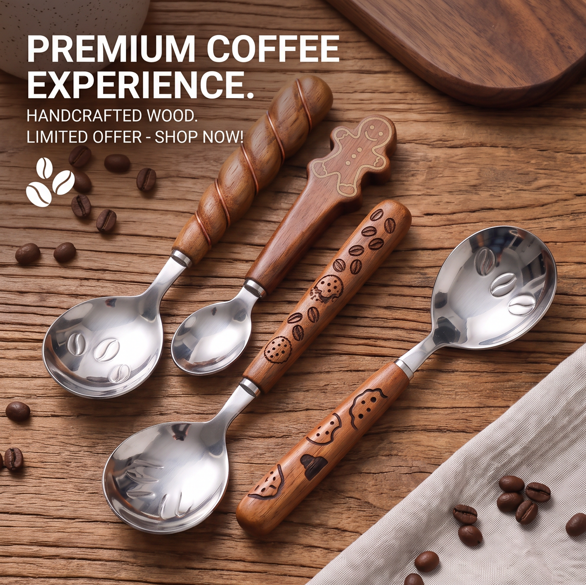 Four walnut-handle coffee spoons with different designs on a wooden table