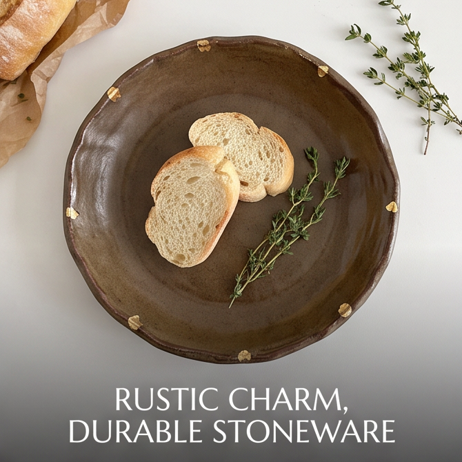 Brown stoneware bowl with bread and herbs showing its organic shape