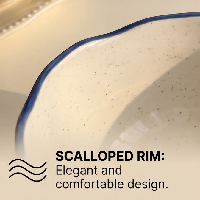 SERVICE large stoneware bowl with blue and terracotta abstract pattern, scalloped rim and speckled cream interior