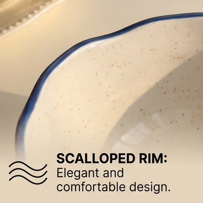 SERVICE large stoneware bowl with blue and terracotta abstract pattern, scalloped rim and speckled cream interior