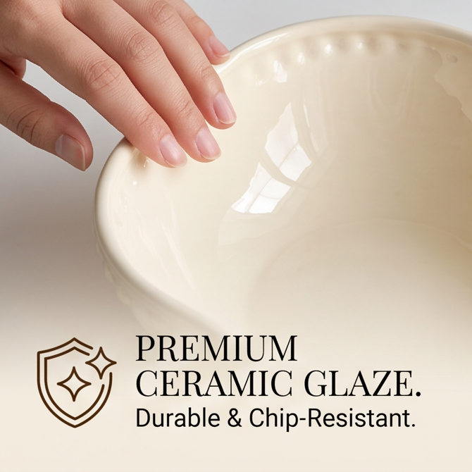 Close-up of glossy cream ceramic glaze inside beaded serving bowl