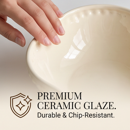Close-up of glossy cream ceramic glaze inside beaded serving bowl