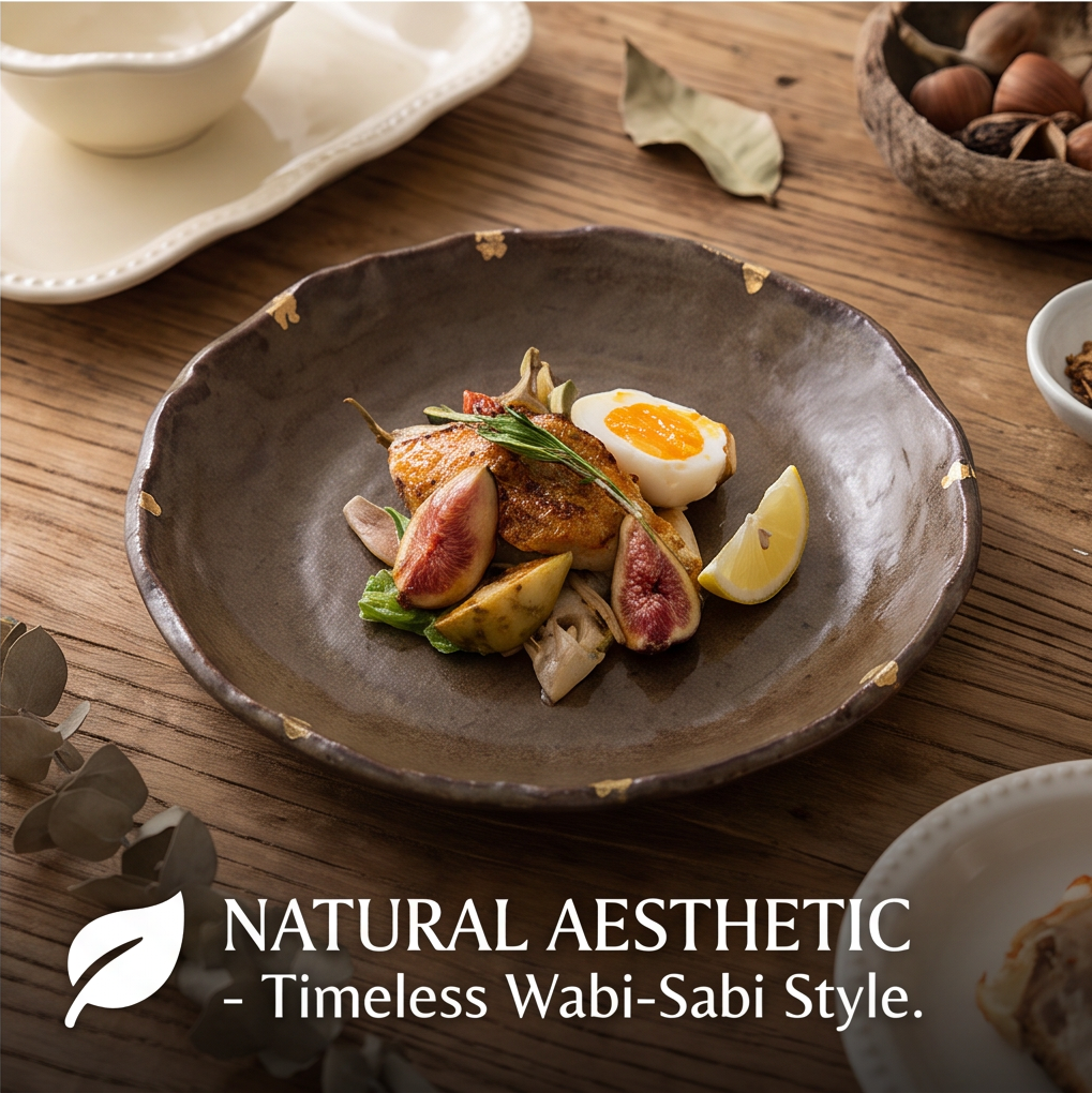 SERVICE rustic brown shallow stoneware serving bowl with irregular edge and small gold-toned accents, top view