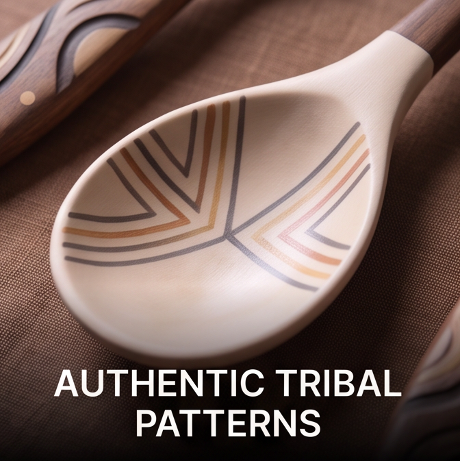 SERVICE set of four serving spoons with pale patterned silicone bowls and dark acacia wood handles on white background