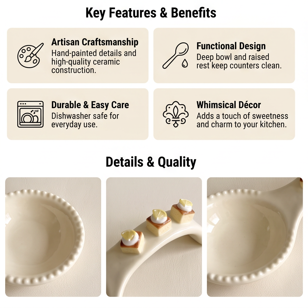 Feature graphic showing beaded bowl, raised handle and dishwasher-safe claim for ceramic spoon rest