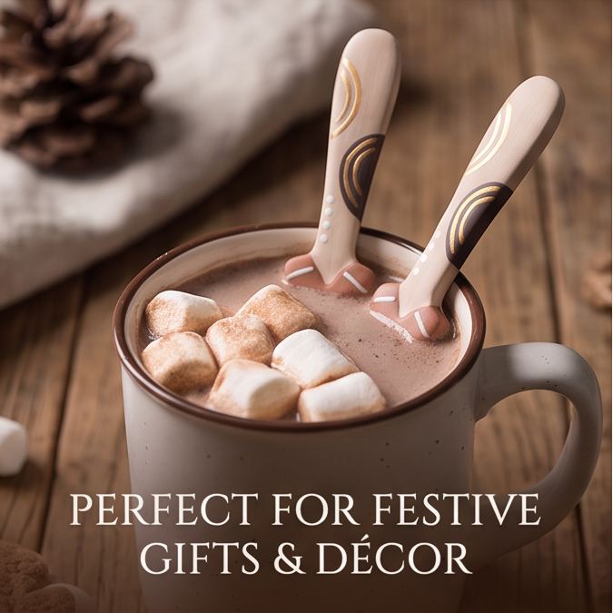 Three gingerbread ceramic spoons arranged in a ribboned gift box
