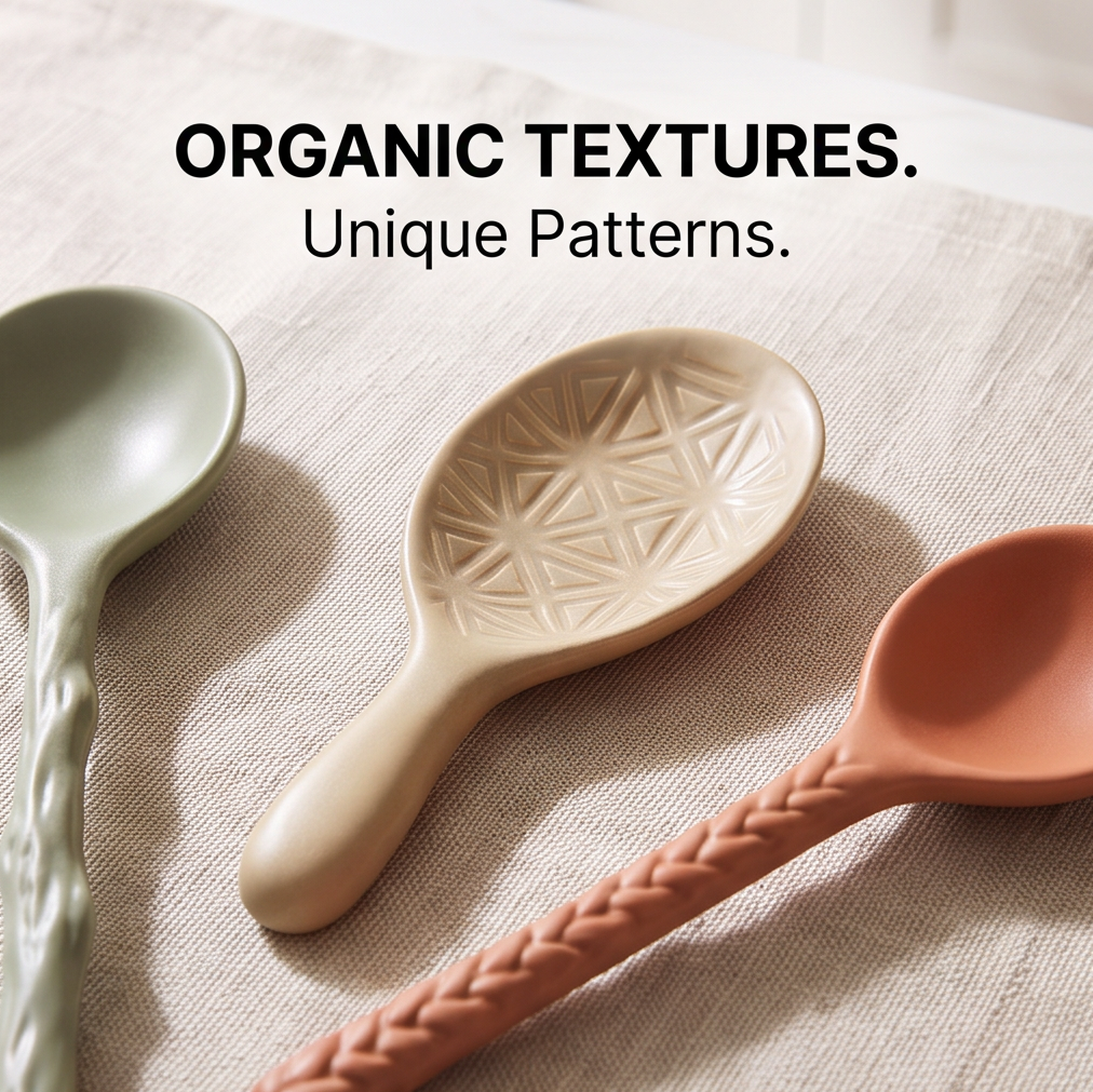 Undersides of three ceramic spoons with raised foot rings and textured handles