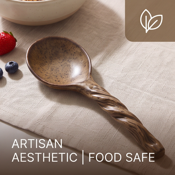 Hand holding a brown ceramic spoon with twisted spiral handle
