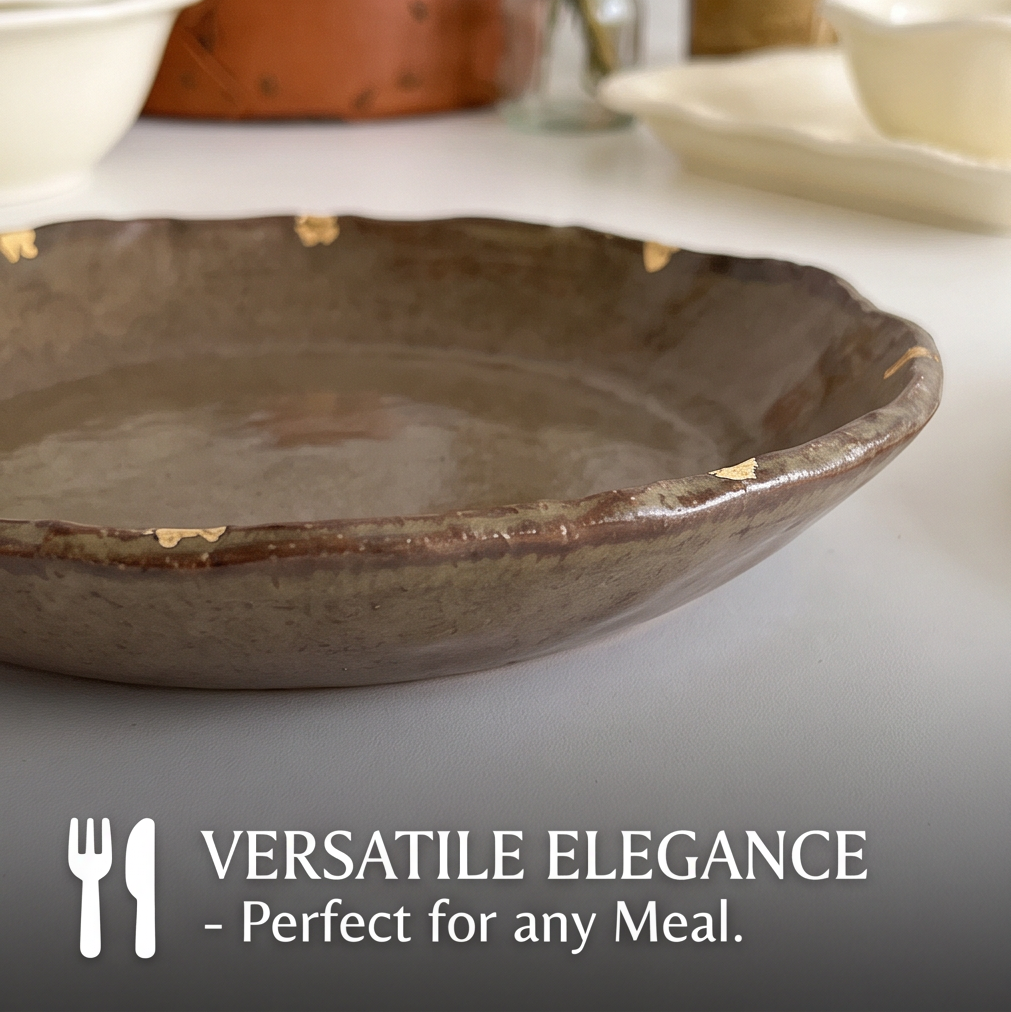 Brown bowl with kintsugi-inspired gold accents and promotional limited-edition text