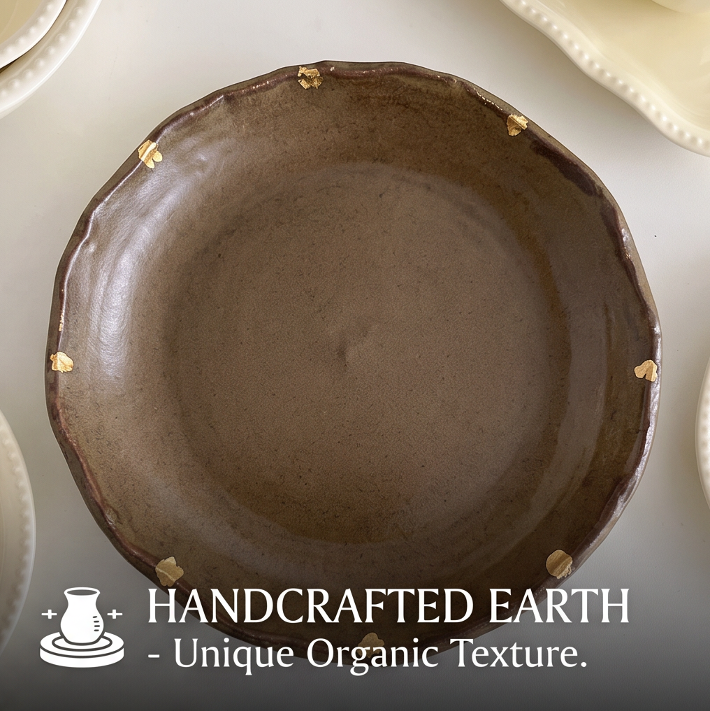 Side view of shallow brown stoneware bowl with irregular gold-accented rim