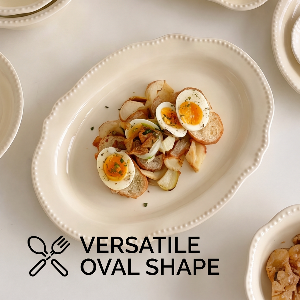 Ivory beaded oval platter pictured in a gift box with ribbon